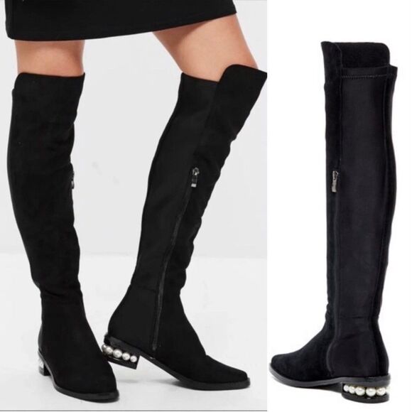 CATHERINE MALANDRINO Black Vegan Suede Over the Knee Pearl Heel Boot 7.5 - Picture 1 of 14